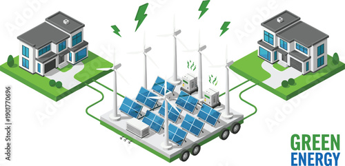 Isometric green energy power station with solar panels wind turbines supplying electricity to modern residential houses illustration smart sustainable neighborhood concept