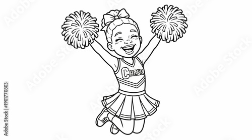 Joyful Cheerleader Girl Jumping with Pom Poms Line Art. Cute Kid in Cheer Uniform Outline for Coloring Page or Vector Graphic.