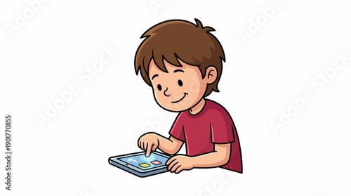 Smiling Cartoon Boy Using Digital Tablet for Learning and Gaming. Child Touching Screen Isolated on White Background.