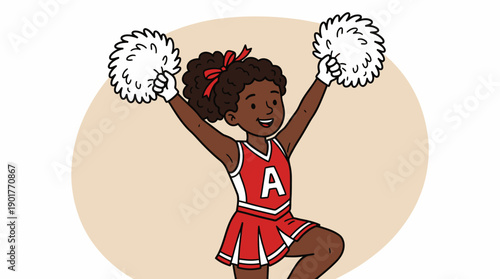 Joyful Black Girl Cheerleader Cartoon Illustration. Cute Kid Cheering Enthusiastically with Pom-poms in Red Uniform.