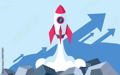 A rocket ship blasting off from rocky terrain with arrows indicating upward trajectory