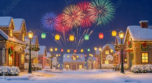 Festive winter village street illuminated by colorful fireworks and glowing lanterns during a magical holiday celebration at night