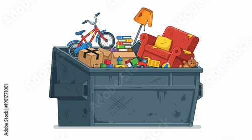 Large Industrial Dumpster Overflowing with Household Junk, Old Furniture, and Toys. Isolated Cartoon Vector Illustration.