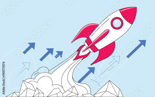 A cartoon rocket ship launching into the sky with motion arrows indicating upward trajectory and speed