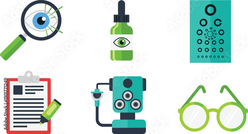 Eye Care and Vision Test Icons Set with Ophthalmology Tools, Glasses, Drops, Microscope, and Medical Equipment Flat Vector Illustration