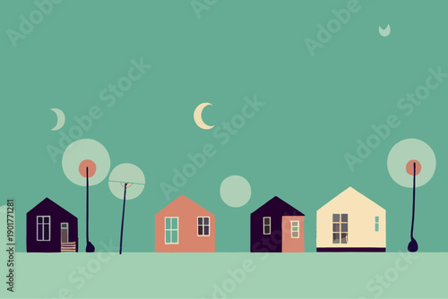 Wallpaper Mural A cartoon vector illustration of a village home and tree in a summer forest landscape at night with a cloudy sky and urban architecture design Torontodigital.ca