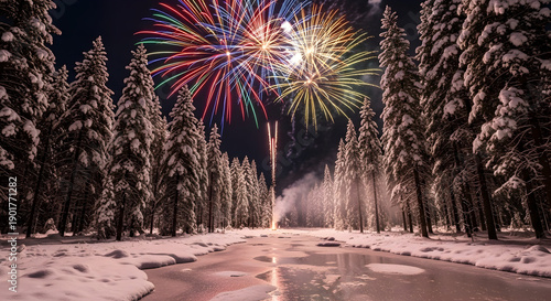 Spectacular fireworks illuminate the night sky above a snow covered forest and frozen river creating a magical winter celebration scene