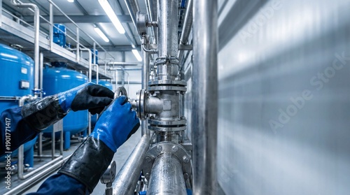 Person in blue gloves working on industrial stainless steel pipes and valves in a factory setting.