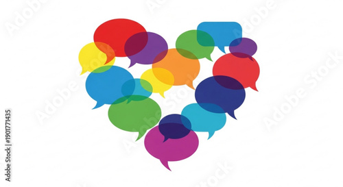Colorful speech bubbles in a heart shape symbolizing communication and love on social media