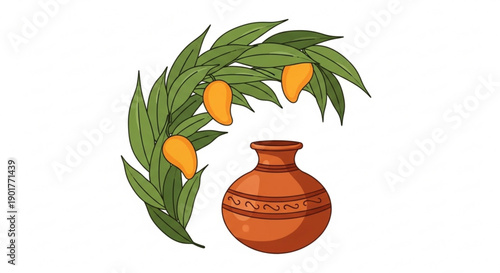 Clay pot with decorative mango branch and fruit on white background symbolizing abundance and nature