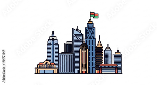 City skyline with flag on skyscraper modern urban landscape business district cityscape architecture