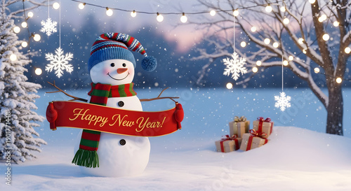 A cheerful snowman wearing a blue and red striped hat and a green and red striped scarf stands in a snowy winter landscape holding a red banner that says happy new year
