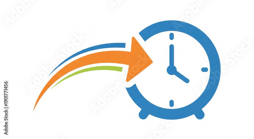 Blue alarm clock with orange arrow indicating time moving forward symbolizing productivity and urgency in a modern setting