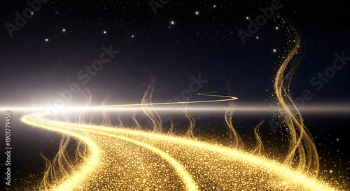 Magical glowing golden path illuminated by bright light leading into a starry night sky with ethereal wisps and reflections on a dark surface