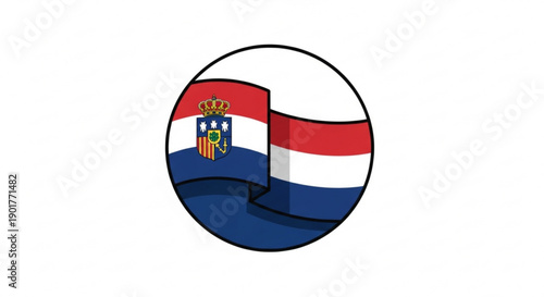 Serbian and dutch flags combined in a circular emblem with waving design and royal crowns