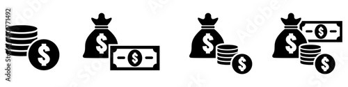 Set of money icon vector for finance designs. Symbolizes cash, wealth, and commerce. Ideal for banking apps, wallets, and payment buttons.