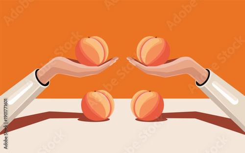 Hands holding and displaying ripe peaches on a table from a high viewpoint