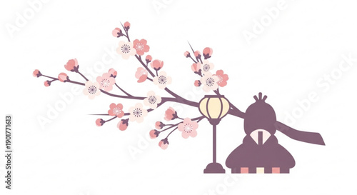 Person in traditional clothing standing under blooming cherry blossom tree with lantern