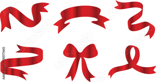 Red ribbon silhouette icons with flowing curved twisted waving and swirl shapes for decoration celebration packaging clean vector illustration set