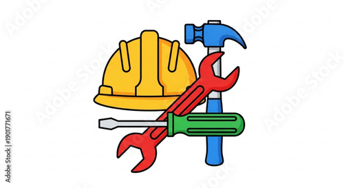 Construction tools and equipment including a yellow hard hat red wrench green screwdriver and blue hammer on a white background