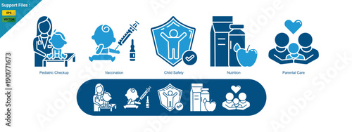 Child Care And Pediatric Medical Icons, Child Health, Safety, And Pediatric Care.  icon two color set.