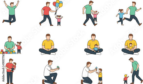 Father and Child Family Moments Vector Set Showing Parenting Activities, Playing, Hugging, Teaching, Caring, and Daily Life Interactions Illustration