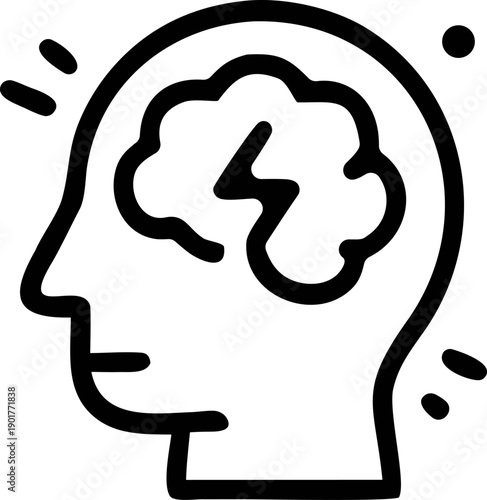 Head outline with brain and lightning inside, representing creativity and intelligence. Perfect for science, education, psychology, and innovation concepts.