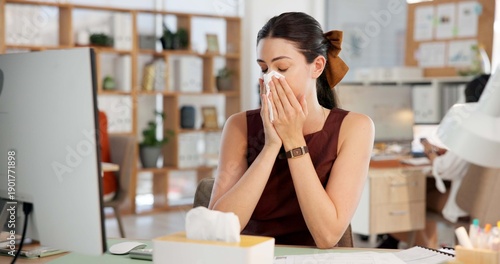 Canvastavla Sick woman, flu and blowing nose with tissue in office for influenza, cold or symptoms