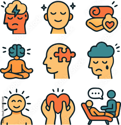 Nine mental health icons illustrating well being and struggles, ideal for mental health websites, blogs, infographics, or education materials.