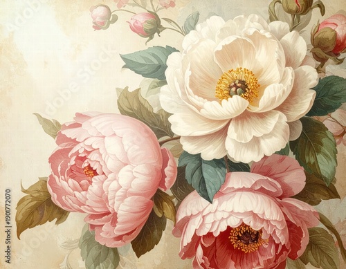 Vintage floral background with soft pink flowers on an aged paper texture. Elegant and romantic composition inspired by classic botanical illustrations and antique design.. generative image