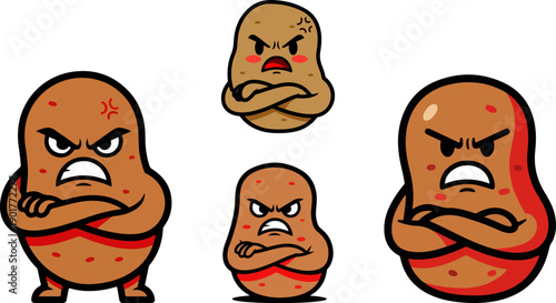 Collection of various sizes of angry cartoon potatoes standing with arms crossed expressing frustration and disapproval in digital art style