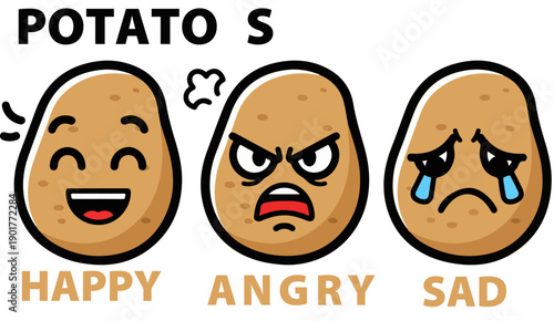 Three cartoon potato characters vividly displaying distinct human emotions happiness anger and sadness for expressive concept art illustration
