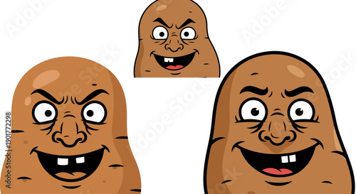Cartoon brown potatoes featuring three distinct faces showcasing various evil grins and comical, exaggerated expressions for digital use
