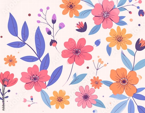 Seamless colorful floral pattern with stylized flowers and leaves. Vibrant decorative background perfect for textiles, wallpapers, and creative designs.. generated Image