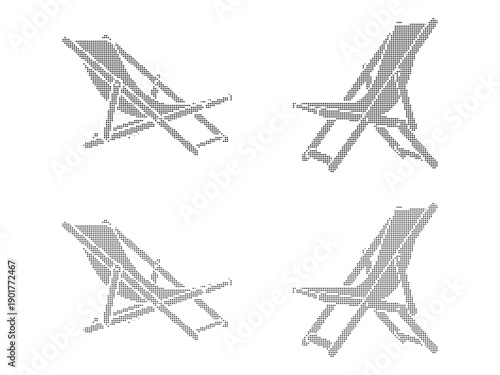 Vector gray beach deck chair icon set, folding wooden sun lounger silhouette, isolated on white