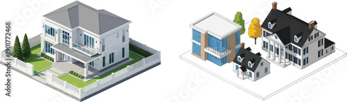 Isometric residential house set showing modern villa and classic suburban homes, architectural property design concept, real estate illustration on white background