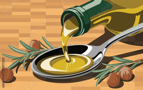 Olive oil pouring from bottle into spoon with rosemary on wooden table, top view