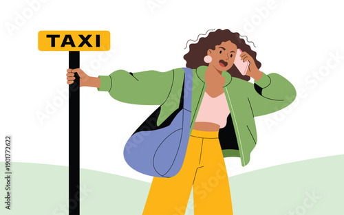 Woman hailing a taxi on the street while talking on her mobile phone, standing outdoors