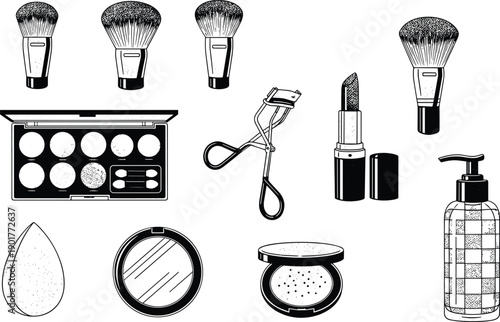 Makeup and cosmetic tools icons set with brushes palette lipstick sponge eyelash curler black white hand drawn vector illustration beauty skincare
