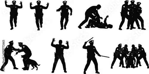 Police officer action silhouette set illustration, law enforcement arrest control scenes, security patrol force poses, black vector figures collection isolated