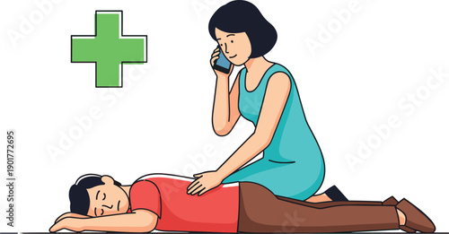 First Aid Emergency Response Vector Illustration Showing Woman Calling for Help and Assisting Unconscious Man with Medical Care and Safety Support