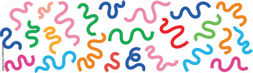 Fototapeta premium Collection of playful, colorful wavy lines and shapes on a white background, abstract pattern.