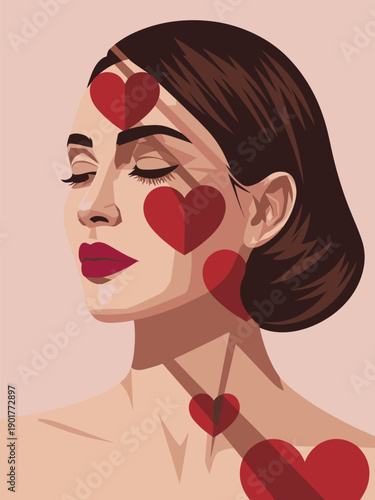 Illustration of a serene woman surrounded by hearts, conveying love and tranquility from a soft, close-up perspective