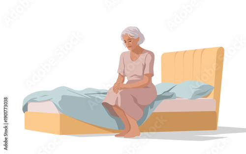 Elderly woman sitting on bed with downcast gaze in serene bedroom environment from a frontal viewpoint