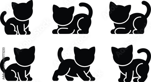 Cute small kitten silhouette icon collection with playful cat poses minimalist animal symbols isolated modern vector illustration set design