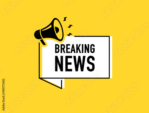 Breaking news announcement with megaphone, urgent message graphic, conveying latest updates and important information, bold design on yellow background for media