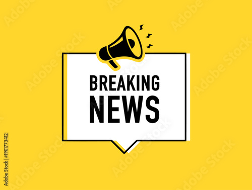 Breaking news megaphone alert graphic, urgent communication for media and broadcasting, eye-catching design on bright yellow background for announcements