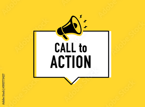 Call to action announcement with megaphone and speech bubble isolated on yellow background for marketing and business communication
