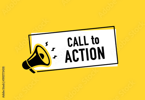 Call to action announcement with megaphone and speech bubble isolated on yellow background for marketing and business communication