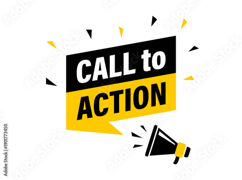 Call to action banner with speech bubble and megaphone, yellow and black colors, marketing strategy element, modern design for engagement, graphic for urging response